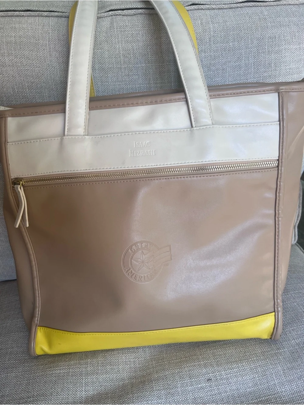 Isaac Mizrahi Cream & Yellow Leather Tote with Removable Computer Sleeve